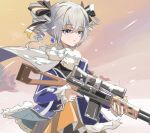  1girl black_bow blue_jacket bow bronya_zaychik bronya_zaychik_(snowy_sniper) closed_mouth dragunov_svd dress drill_hair earrings grey_eyes grey_hair gun hair_bow highres holding holding_gun holding_weapon honkai_(series) honkai_impact_3rd jacket jewelry outdoors requiescat rifle scarf sniper_rifle snowing solo sunset trigger_discipline twin_drills upper_body weapon white_scarf winter winter_clothes winter_uniform yellow_dress 