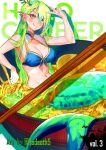  1girl antlers ceres_fauna chopsticks fins food green_hair hair_ornament head_fins hololive hololive_english long_hair mermaid monster_girl noodles radeath5 ramen signature smile virtual_youtuber yellow_eyes 
