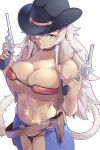  1girl alternate_costume bandeau black_headwear blue_choker blue_pants breasts choker commentary commentary_request cowboy_hat dark-skinned_female dark_skin english_commentary eyepatch ghislaine_dedoldia gun handgun hat highres holding holding_gun holding_weapon hot_vr large_breasts long_hair looking_at_viewer mouth_hold mushoku_tensei navel open_pants pants patreon_username red_bandeau red_eyes revolver scar scar_on_cheek scar_on_face scar_on_stomach simple_background solo standing tail tail_ornament tail_ring weapon white_background white_hair 