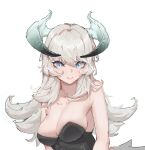  absurdres alternate_costume bare_shoulders blue_eyes blush breasts chamber_dragonmaid cleavage collarbone dragon_girl dragon_horns duel_monster grey_hair highres horns long_hair mahcl_(mhcl3466) simple_background smile upper_body white_background yu-gi-oh! 