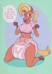  anthro blush clean_diaper clothed clothing cropped_shirt diaper english_text equid equine felicityfux female hair hi_res horse infantilism kneeling mammal object_in_mouth pacifier pacifier_in_mouth pony ponytail simple_background solo text wearing_diaper 