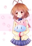  1girl antenna_hair blue_skirt blush brown_eyes brown_hair clannad commentary_request cowboy_shot dango_daikazoku eyes_visible_through_hair falling_petals furukawa_nagisa haiiro_(immature) hair_between_eyes holding holding_stuffed_toy jacket long_sleeves looking_at_viewer medium_hair miniskirt open_mouth petals pleated_skirt sailor_collar school_uniform simple_background skirt smile solo standing straight-on stuffed_toy white_background white_sailor_collar yellow_jacket 