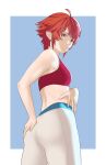  1girl ass breasts commentary contemporary english_commentary fire_emblem fire_emblem_fates hand_on_own_hip highres hinoka_(fire_emblem) looking_at_viewer looking_back pants pomelomelon red_hair red_sports_bra short_hair small_breasts solo sports_bra very_short_hair white_pants yoga_pants 