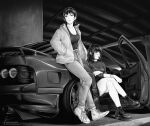  2girls absurdres against_vehicle bare_legs black_footwear black_hair black_lips blunt_bangs boots bracelet breasts car chainsaw_man choker cleavage closed_mouth cross-laced_footwear crossed_legs denim earrings exhaust_pipe expressionless full_body greyscale hands_in_pockets highres instagram_username jacket jeans jewelry lace-up_boots leaning leaning_against_vehicle leaning_on_object long_hair looking_away low_twintails marvin_(omarvin) medium_breasts mitaka_asa monochrome motor_vehicle multiple_girls open_clothes open_door open_jacket pants scar scar_on_face shoes signature sitting sneakers spoiler_(automobile) sports_car stud_earrings tail_lights tank_top twintails twitter_username vehicle_request white_footwear yoru_(chainsaw_man) zipper_footwear 