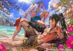  2boys abs animal_on_shoulder animal_print aqua_eyes arm_tattoo barefoot beach beer_bottle bird bird_on_shoulder black_hair black_jacket blonde_hair bottle braid camera chest_tattoo cloud copyright dark-skinned_male dark_skin day double-parted_bangs dragon_tattoo egawa_akira fate/grand_order fate_(series) feet_out_of_frame floral_print flower flower_tattoo food foot_out_of_frame fruit full-body_tattoo green_eyes hair_between_eyes hair_ribbon hand_in_own_hair hand_tattoo hibiscus holding holding_bottle huang_feihu_(fate) jacket jacket_partially_removed jewelry knee_up lanyard leg_tattoo long_hair long_sleeves looking_at_viewer male_focus male_swimwear multicolored_hair multiple_boys nagatekkou ocean official_art parted_lips peach pectorals pendant pink_flower ponytail reclining ribbon rock sand scar scar_on_face scar_on_nose short_hair_with_long_locks shrug_(clothing) single_sidelock sitting smile streaked_hair sun sunlight swim_trunks tattoo thermos tiger_print toned toned_male topless_male tree wet yan_qing_(fate) yin_yang_tattoo 