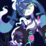  1girl aqua_hair bare_shoulders black_thighhighs collared_shirt detached_sleeves floating ghost ghost_miku_(project_voltage) glitch grey_shirt hair_between_eyes hatsune_miku hoshitsuyu long_hair pale_skin parted_lips pokemon project_voltage shirt skirt sleeves_past_fingers sleeves_past_wrists thighhighs twintails very_long_hair vocaloid will-o&#039;-the-wisp_(mythology) yellow_eyes 
