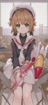  1girl absurdres brown_hair cardcaptor_sakura classroom green_eyes happy highres holding holding_wand kinomoto_sakura sailor_collar school_uniform sentter sitting skirt smile solo tomoeda_elementary_school_uniform wand white_headwear white_sailor_collar white_skirt 