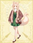  1girl animal_ears arm_at_side bag blonde_hair brown_coat brown_footwear chain_paradox coat dress fox_ears fox_tail full_body green_dress handbag highres ikaruga_touko kurosuke_(tw) long_hair looking_at_viewer open_clothes open_coat orange_eyes plaid plaid_dress socks solo standing tail very_long_hair yellow_background 