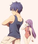  1boy 1girl blue_eyes blue_hair breasts closed_mouth earrings esper_(saga) facial_mark full_body human_(saga) jewelry leotard long_hair no_s pointy_ears purple_hair saga saga_1 simple_background white_background 