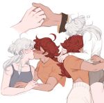  2girls ahoge blush closed_eyes collarbone dark-skinned_female dark_skin grey_shorts grey_tank_top gundam gundam_suisei_no_majo holding_hands hug kiss lifting_person long_hair long_sleeves miorine_rembran multiple_girls orange_shirt red_hair shirt short_sleeves shorts suletta_mercury tank_top tealbirb white_hair white_shirt yuri 