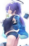  asaikeu ass black_shirt blue_archive blue_buruma blue_eyes bottle breasts buruma closed_mouth from_behind gym_uniform halo hands_up highres id_card jacket lanyard long_hair looking_at_viewer looking_back medium_breasts midriff_peek open_clothes open_jacket parted_bangs ponytail purple_hair shirt simple_background star_sticker sticker_on_face track_jacket water_bottle white_background yuuka_(blue_archive) yuuka_(gym_uniform)_(blue_archive) 