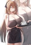  1girl absurdres apron blush breasts brown_hair closed_mouth collarbone cup girls&#039;_frontline green_eyes highres holding holding_tray huge_breasts keenh long_hair looking_at_viewer naked_apron ponytail simple_background smile solo springfield_(girls&#039;_frontline) teacup tray white_background wide_hips zoom_layer 