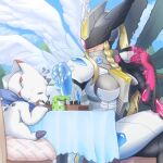  anthro armor bandai_namco beverage blonde_hair chess confusion container cup digimon digimon_(species) duo female furniture gammamon hair headgear helmet humanoid male mastemon question_mark sansyonoki64 scalie table tea tea_cup wings 