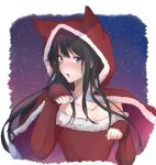  1girl animal_hood black_hair blue_eyes blush breasts cat_hood christmas cleavage collarbone dress highres hood hood_up light_(lightpicture33) long_hair looking_at_viewer night night_sky off-shoulder_dress off_shoulder open_mouth paw_pose sky solo star_(sky) starry_sky upper_body yahari_ore_no_seishun_lovecome_wa_machigatteiru. 
