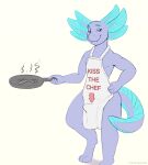  2023 amphibian anthro apron apron_only axolotl biped blue_body blue_eyes bulge burnt_food clothing cookware dabelette english_text front_view frying_pan genital_outline grin hand_on_hip hi_res kitchen_utensils looking_at_viewer male marine mole_salamander mostly_nude narrowed_eyes penis_outline salamander_(amphibian) simple_background smile solo standing text tools yellow_background 