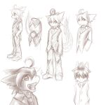  anthro bottomwear button_(fastener) clothed clothing ears_back fangs front_view glistening glistening_eyes kutto kuttoyaki looking_at_viewer male monochrome mouth_closed necktie open_mouth pants pivoted_ears side_view simple_background sketch_page solo standing teeth topwear 