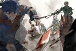  1girl 4boys 91007 axe battle blood blood_on_face blood_on_weapon blue_eyes blue_hair bow_(weapon) boyd_(fire_emblem) brown_hair cavalry commentary_request green_hair headband holding holding_polearm holding_staff holding_sword holding_weapon horse horseback_riding ike_(fire_emblem) mist_(fire_emblem) multiple_boys open_mouth polearm riding serious short_hair shorts sitting spear staff sword weapon 