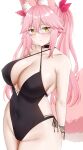  1girl absurdres animal_ear_fluff animal_ears arind_yudha bare_shoulders black_one-piece_swimsuit blush breasts choker cleavage collarbone covered_navel fate/grand_order fate_(series) fox_ears fox_girl fox_tail glasses hair_between_eyes hair_ribbon highres koyanskaya_(fate) koyanskaya_(twin_tail)_(fate) large_breasts long_hair looking_at_viewer one-piece_swimsuit pink_hair pink_ribbon ribbon sidelocks swimsuit tail tamamo_(fate) thighs twintails yellow_eyes 