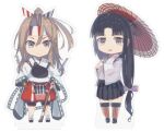  2girls ahoge apron black_hair black_skirt blunt_bangs bow_(weapon) brown_eyes chibi fei_(feikotake) flight_deck full_body gloves hachimaki hakama hakama_short_skirt hakama_shorts hakama_skirt headband high_ponytail highres japanese_clothes kantai_collection light_brown_hair long_hair looking_at_viewer low-tied_long_hair multiple_girls muneate oil-paper_umbrella partially_fingerless_gloves ponytail shorts shouhou_(kancolle) sidelocks simple_background skirt standing striped_headband tasuki thighhighs umbrella weapon white_background yugake zuihou_(kancolle) 