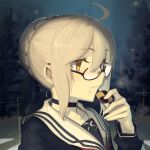  1girl ahoge artoria_pendragon_(fate) black-framed_eyewear blonde_hair boa_(brianoa) braid breasts cookie eating fate/grand_order fate_(series) food french_braid glasses highres long_hair long_sleeves mysterious_heroine_x_alter_(fate) solo yellow_eyes 