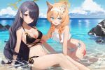  2girls airi_(ugpv2858) animal_ears bare_shoulders beach bikini black_bikini black_hair blue_archive blue_eyes blue_sky blush braid breasts cloud collarbone commentary_request day flower frilled_bikini frills hair_between_eyes hair_ornament hair_over_one_eye hairband halo halterneck highres hinata_(blue_archive) long_hair looking_at_viewer mari_(blue_archive) medium_breasts multiple_girls navel ocean open_mouth orange_hair outdoors partially_submerged red_eyes rock side-tie_bikini_bottom sitting sky smile starfish swimsuit thighs twin_braids very_long_hair water wet white_bikini white_hairband 