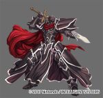  1boy armor black_footwear black_knight_(fire_emblem) cape company_name dated facing_viewer fire_emblem fire_emblem_heroes full_body gauntlets grey_background helmet izuka_daisuke official_art red_cape simple_background solo standing sword weapon 
