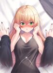  2girls absurdres black_nails black_shirt blonde_hair breasts cleavage female_pov green_eyes highres hiodoshi_ao hololive jewelry large_breasts long_hair looking_at_viewer momosuzu_nene multiple_girls nail_polish necklace open_mouth pov ring shirt suicabar72 virtual_youtuber 