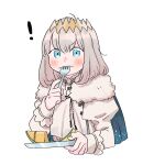  ! 1boy blue_cape blue_eyes blush cantaloupe cape cropped_torso diamond_hairband dress_shirt eating fate/grand_order fate_(series) food fork fruit fur-trimmed_cape fur_trim grey_hair holding holding_fork holding_plate juliet_sleeves long_sleeves looking_at_viewer male_focus medium_hair oberon_(fate) oneroom-disco plate puffy_sleeves shirt simple_background solo utensil_in_mouth white_background white_shirt 