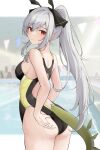  1girl absurdres arknights ass bare_arms bare_shoulders black_one-piece_swimsuit black_ribbon breasts commentary_request cowboy_shot grey_hair hair_ribbon highres large_breasts long_hair looking_at_viewer mango_(mgo) one-piece_swimsuit ponytail pool red_eyes ribbon sidelocks solo standing string_of_flags swimsuit tail thighs very_long_hair weedy_(arknights) 