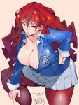  1girl blue_shirt breasts buttons cleavage collarbone curvy grey_skirt hair_between_eyes hand_on_hip highres large_breasts long_hair long_sleeves looking_at_viewer matsuri_(teriyaki) mole mole_on_breast multicolored_hair original pantyhose red_eyes red_hair school_uniform shirt simple_background skirt solo takayama_toshinori thick_thighs thighs translated two-tone_hair 