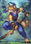  action_pose anthro barefoot belt blue_eyes canid canine clothed clothing feet fingerless_gloves forest forest_background fox gloves grass handwear hi_res holding_object holding_weapon holding_with_two_hands male mammal melee_weapon muscular muscular_anthro muscular_male nasuno_posi nature nature_background plant polearm pose pouch_(anatomy) pouch_(clothing) pouch_purse scarf signature solo spear tree weapon 