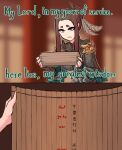  1girl 1other blurry blurry_background breasts brown_hair centurii-chan_(artist) chinese_text english_text eyeshadow green_eyes hair_bun highres holding holding_scroll indoors makeup medium_breasts open_mouth original red_eyeshadow red_nails scroll shoulder_pads sidelocks sun_tzu 