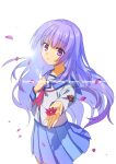  1girl angel_beats! blue_sailor_collar blue_skirt commentary_request commission cowboy_shot flower highres irie_miyuki long_hair neckerchief pink_neckerchief pleated_skirt purple_eyes purple_hair sailor_collar satomi_yoshitaka school_uniform serafuku shinda_sekai_sensen_uniform simple_background skirt solo translation_request white_background 