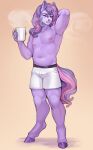  absurd_res anthro container cup equid equine hair hand_behind_head hi_res holding_container holding_cup holding_object hooves looking_at_viewer male mammal nipples purple_body purple_eyes purple_hair romarom simple_background solo tail 