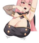  1girl absurdres armpits arms_up black_dress blush breasts brooch cape dress highres hololive hololive_english jewelry large_breasts long_hair looking_at_viewer mori_calliope nail_polish open_mouth pink_hair pointing red_eyes rika_(akarika057) solo virtual_youtuber 