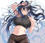  1girl absurdres bare_shoulders black_hair blue_eyes blue_hair blush breasts closed_mouth colored_inner_hair crop_top english_commentary hair_between_eyes hair_intakes high_collar highres hololive hololive_english large_breasts leon_decarabia long_hair looking_at_viewer lying multicolored_hair navel on_back ouro_kronii panties panties_under_pantyhose pantyhose pinstripe_pattern smile solo striped thighband_pantyhose underwear virtual_youtuber 