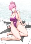  1girl absurdres ayla_(punishing:_gray_raven) breasts cleavage closed_mouth highleg highleg_swimsuit highres huge_breasts looking_at_viewer one-piece_swimsuit pink_eyes pink_hair punishing:_gray_raven purple_one-piece_swimsuit purple_scrunchie scrunchie sidelocks sitting solo swimsuit wrist_scrunchie yagikan_(caru2338) 