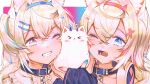  2girls ;d animal_ear_fluff animal_ears bandaid bandaid_hair_ornament black_collar blonde_hair blue_eyes blue_hair blue_hairband blue_nails center_frills chain collar commentary dog_ears english_commentary fangs frills fuwawa_abyssgard grin hair_between_eyes hair_ornament hairband hairclip hand_up headphones headphones_around_neck highres holding hololive hololive_english long_sleeves mococo_abyssgard multicolored_hair multiple_girls one_eye_closed pink_hair pink_nails portrait puffy_long_sleeves puffy_sleeves red_eyes red_hairband siblings sisters sleeves_past_wrists smile streaked_hair twins twitter_username usanekorin virtual_youtuber x_hair_ornament 