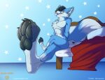  anthro arby_(th_foxer) artist_name bed bedding bedroom big_feet biped black_hair black_pawpads blanket blep blue_background blue_body blue_fur canid canine cheek_tuft chest_tuft countershade_fur countershading facial_tuft feet foot_focus fox fur furniture hair inner_ear_fluff looking_at_viewer looking_down looking_down_at_viewer male mammal newtypatooty pawpads paws pillow simple_background sitting solo star_pattern teasing_viewer teasing_with_feet tongue tongue_out tuft watermark white_inner_ear_fluff 