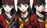  1girl amagi_yukiko black_eyes black_hair blunt_bangs cardigan collarbone hairband hand_on_own_face highres hime_cut lips long_hair long_sleeves looking_at_viewer multiple_views necktie parted_lips persona persona_4 pertex_777 red_cardigan red_hairband school_uniform serafuku shadow simple_background smile straight_hair upper_body white_background yasogami_school_uniform yellow_necktie 