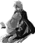  1boy 1girl arle_nadja artist_name boots cape carbuncle_(puyopuyo) closed_mouth creature crying full_body greyscale head_on_chest headband kneeling kuroda_(kuro_yyy) messy_hair monochrome open_mouth ponytail puyopuyo schezo_wegey short_hair short_sleeves simple_background skirt tears twitter_username 