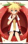 1boy black_shorts blonde_hair blue_eyes bow brown_bow chair collared_shirt crown food fruit happy highres kagamine_len male_focus meranoreuka_(naokentak) messy_hair mini_crown neck_ribbon open_mouth patterned_background plaid pointing pointing_up prince red_bow ribbon shirt short_hair short_sleeves shorts sitting smile socks solo strawberry strawberry_princess_(vocaloid) sweater_vest vest vocaloid white_shirt white_socks 
