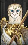  ambiguous_gender anthro armor avian beak bird blue_eyes clothed clothing eyelashes front_view glistening glistening_eyes gold_(metal) gold_armor hi_res looking_at_viewer owl santanahoffman solo tan_body 
