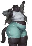  2022 anthro belly black_body black_fur bottomwear cettus clothed clothing crop_top dressing eyes_closed felid female fur hi_res jacket mammal overweight overweight_anthro overweight_female pantherine pants serafina_(cettus) shirt simple_background solo standing tail tank_top topwear white_background 