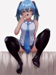  1girl :d absurdres bare_shoulders black_thighhighs blue_hair blue_nails blush breasts fang hatsune_miku highres looking_at_viewer necktie open_mouth r-man red_eyes sitting skin_fang skirt sleeveless smile solo spread_legs thighhighs tie_clip twintails vocaloid 