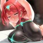  1girl absurdres armpits arms_up ass bed black_one-piece_swimsuit blush breasts circlet closed_mouth core_crystal_(xenoblade) covered_nipples earrings glowing highres hijiri_kogome huge_breasts jewelry looking_at_viewer lying medium_hair on_stomach one-piece_swimsuit pyra_(pro_swimmer)_(xenoblade) pyra_(xenoblade) red_eyes red_hair smell smile solo sweat swept_bangs swimsuit xenoblade_chronicles_(series) xenoblade_chronicles_2 