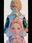  1girl artist_name bellhenge blonde_hair dual_persona harp hat instrument ocarina pointy_ears princess_zelda puffy_sleeves sheik short_hair simple_background tabard the_legend_of_zelda the_legend_of_zelda:_ocarina_of_time veil young_zelda 