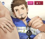  1boy anal_beads bara blue_shirt blush feet_out_of_frame goatee_stubble goburin_second hand_up holding holding_sex_toy large_pectorals livestream looking_at_viewer male_focus mature_male mole mole_under_eye muscular muscular_male original paid_reward_available pectorals presenting seductive_smile sex_toy sex_toy_pull shirt short_hair smile solo sportswear spread_legs thick_eyebrows thick_thighs thighs tight_clothes tight_shirt undercut 