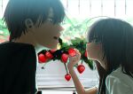  1boy 1girl absurdres bad_id bad_twitter_id black_shirt blush brother_and_sister brown_eyes brown_hair day eye_contact feeding food from_side fruit highres holding holding_food holding_fruit honnryou_hanaru long_hair looking_at_another open_mouth original outdoors parted_lips profile ruri_honjou shirt siblings strawberry sunlight sweat upper_body white_shirt 