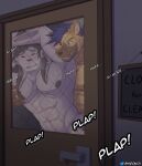  anthro behind_glass big_muscles blush closet duo ear_piercing exhibitionism glass glass_surface hershel_(repeat) hi_res hyena lagomorph leporid male male/male mammal muscular nipples nude pecs piercing plap public rabbit sex shirokoi smile spotted_hyena 